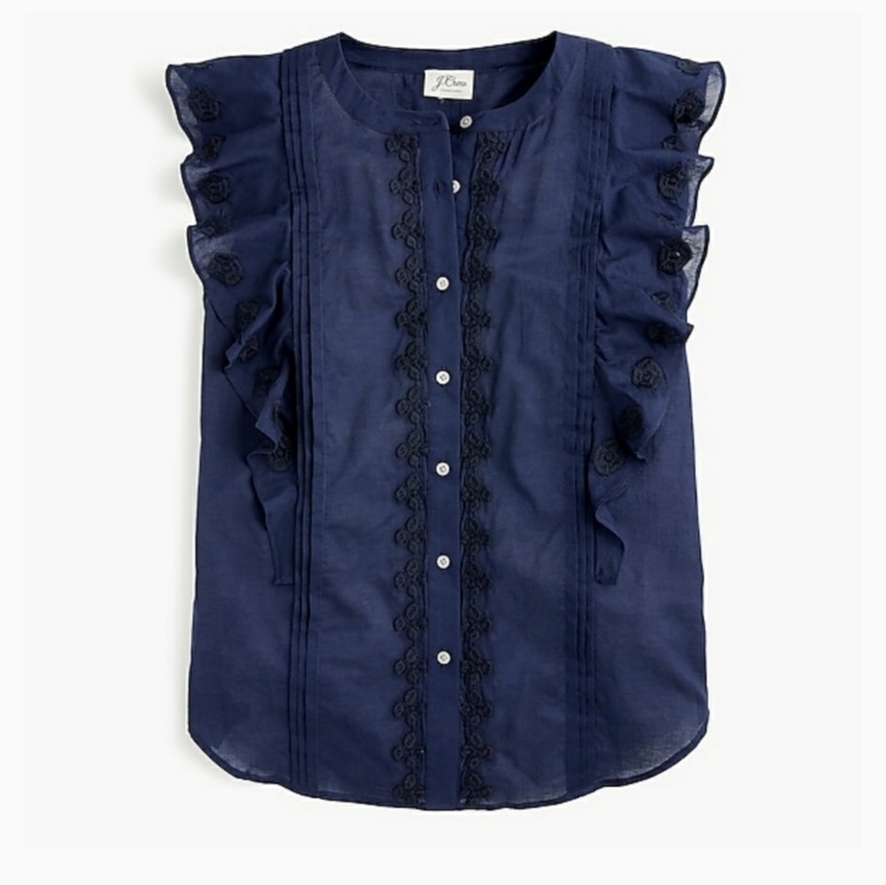 NWT J. Crew Blue Embroidered No Collar Sleeveless Ruffle Top Size 0 - Picture 10 of 10
